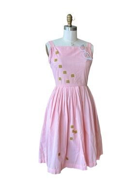 Upcycled Vintage Pink Sleeveless Midi Dress with Gold Accent Squares